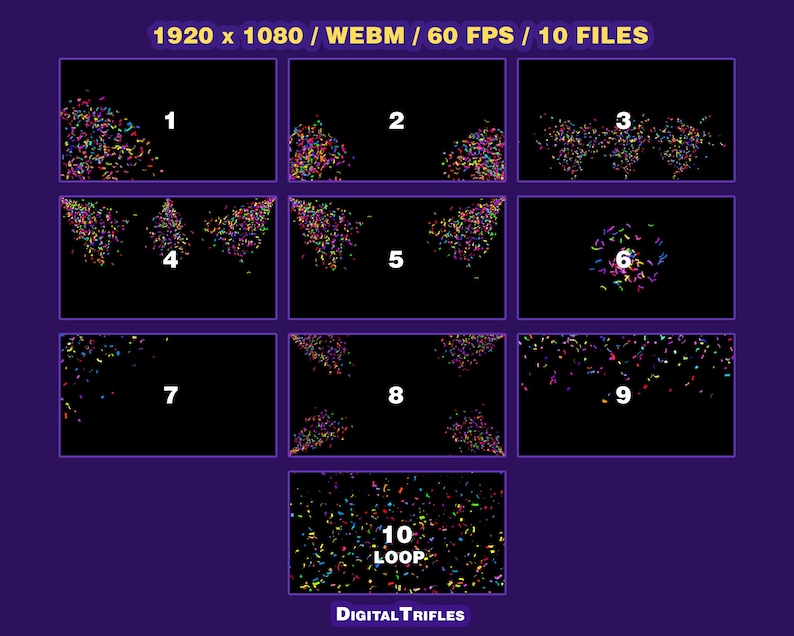 3D multicolor confetti Twitch alerts and fullscreen stream overlays. A high-value pack offering a wide range of confetti animations in one set. A fun and lively overlay for streamers and VTubers to celebrate stream activity, events, and goals, new followers, subs, donations, raids, and more.
This set includes 10 variations with different directions and behaviors — top, bottom, center, and corner bursts, single and multi-shot effects, plus a smooth loop