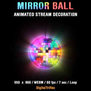 Mirror ball stream decoration, animated Twitch overlay, rotating disco ball with sparkle facets. Cute aesthetic colorful light asset for live stream parties, gaming or just chatting