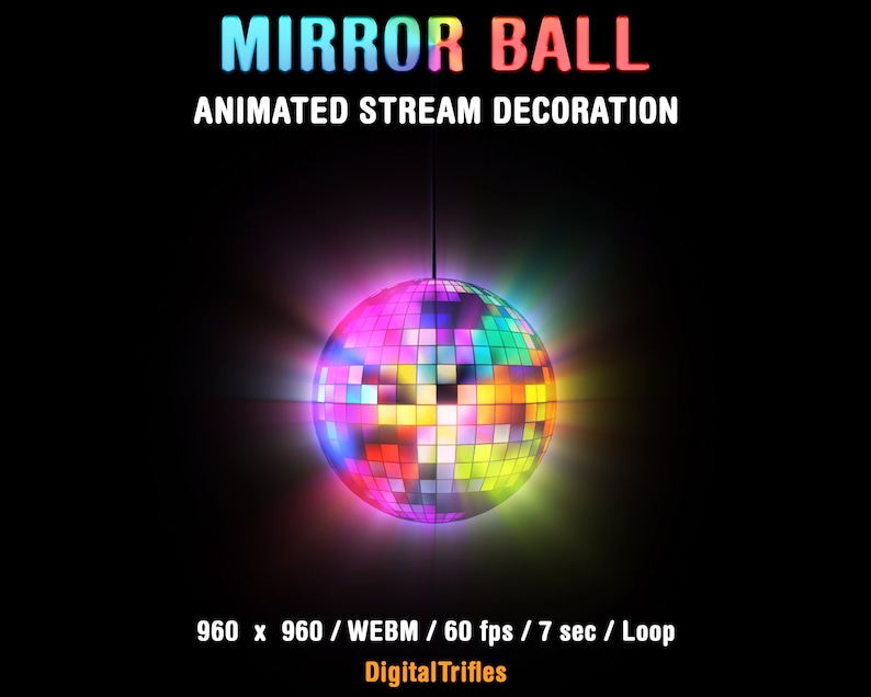 Mirror ball stream decoration, animated Twitch overlay, rotating disco ball with sparkle facets. Cute aesthetic colorful light asset for live stream parties, gaming or just chatting