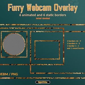Furry Webcam Overlay, 6 Cute Trendy Animated Camera Borders for Twitch, Youtube, Leopard Print, Wild Big Cats, Giraffe, Circle Cam Frame