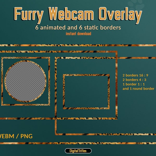 Furry Webcam Overlay, 6 Cute Trendy Animated Camera Borders for Twitch, Youtube, Leopard Print, Wild Big Cats, Giraffe, Circle Cam Frame