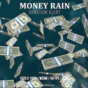 Donation Twitch Alert Rain of Stacks of Money, Animated Stream Overlay Dollar Cash Falling, Tips, Gift Subs, Cheer, Bits, Transparent WEBM