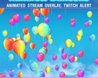 May include: Animated stream overlay or Twitch alert featuring a rainbow of colorful balloons floating upwards against a blue sky with white clouds. The text "Rainbow Balloons" is at the top of the image and the text "1920 x 1080 / WEBM / 60 fps / 10 sec" is at the bottom of the image.