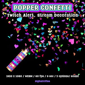 Heart confetti cannon, animated Twitch alert for streamers and VTubers, 3 designs. Suitable for stream celebration moments such as raids, milestones, donations, or special stream events. WEBM format with a transparent background and sound
