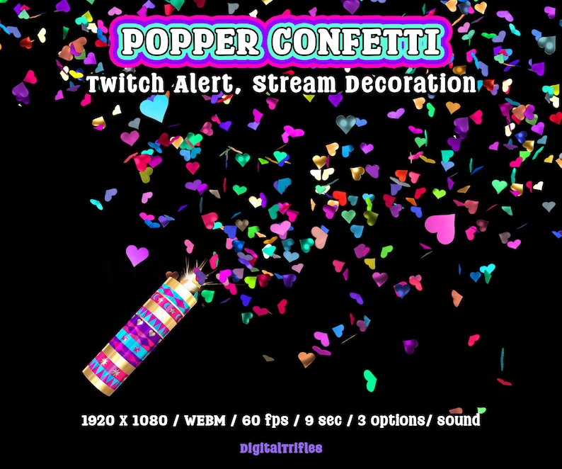 Heart confetti cannon, animated Twitch alert for streamers and VTubers, 3 designs. Suitable for stream celebration moments such as raids, milestones, donations, or special stream events. WEBM format with a transparent background and sound
