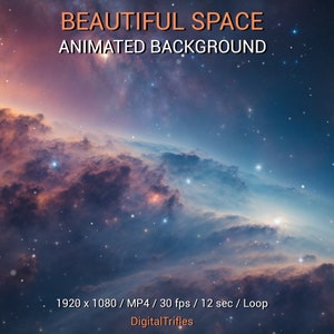 Op de afbeelding: Een levendige geanimeerde achtergrond met een nevel van draaiende wolken in roze, paars en blauw tegen een donkerblauwe sterrenhemel. De tekst "BEAUTIFUL SPACE ANIMATED BACKGROUND" staat bovenaan de afbeelding. De tekst "1920 x 1080 / MP4 / 30 fps / 12 sec / Loop" staat onderaan de afbeelding. De tekst "DigitalTrifles" staat onderaan in het midden van de afbeelding.