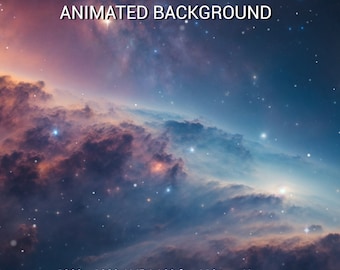 May include: A vibrant animated background featuring a nebula with swirling clouds of pink, purple, and blue against a dark blue starry sky. The text "BEAUTIFUL SPACE ANIMATED BACKGROUND" is at the top of the image. The text "1920 x 1080 / MP4 / 30 fps / 12 sec / Loop" is at the bottom of the image. The text "DigitalTrifles" is at the bottom center of the image.