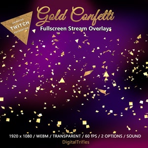 Gold animated confetti Twitch overlay, cute stream alert OBS, Streamlabs with sound