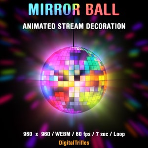 Mirror ball stream decoration, animated Twitch overlay, rotating disco ball with sparkle facets. Cute aesthetic colorful light asset for live stream parties, gaming or just chatting
