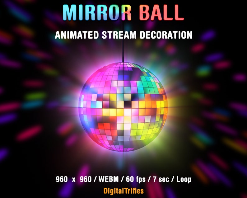 Mirror ball stream decoration, animated Twitch overlay, rotating disco ball with sparkle facets. Cute aesthetic colorful light asset for live stream parties, gaming or just chatting