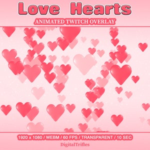 Animated Twitch Overlay Pink and Red Hearts, Cute Fullscreen Stream Alerts, Cheer, Follow, Love Heart, Valentines Stream Decoration