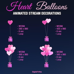 Animated Twitch overlay with pink heart balloons - 4 options - one, two, five and many balloons. Cute stream decoration with a transparent background. Suitable for gaming, live streaming, and just chatting for streamers and VTubers. Bright pink heart-shaped balloons work perfectly as stream decoration for Valentine’s Day, channel anniversaries, birthdays, friendship parties, or weddings