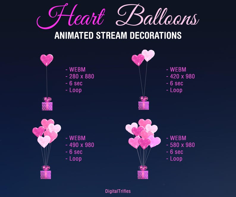 Animated Twitch overlay with pink heart balloons - 4 options - one, two, five and many balloons. Cute stream decoration with a transparent background. Suitable for gaming, live streaming, and just chatting for streamers and VTubers. Bright pink heart-shaped balloons work perfectly as stream decoration for Valentine’s Day, channel anniversaries, birthdays, friendship parties, or weddings