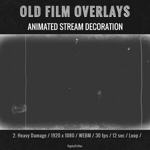 Animated vintage film Twitch or YouTube stream overlays with old movie texture and retro cinema effects. Loop stream decoration with transparent background. This pack includes 2 seamless loop overlays inspired by aged film stock, featuring scratches, dust, flicker, and analog projector atmosphere