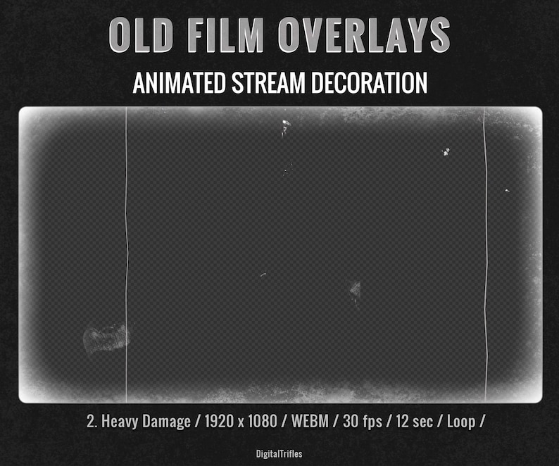 Animated vintage film Twitch or YouTube stream overlays with old movie texture and retro cinema effects. Loop stream decoration with transparent background. This pack includes 2 seamless loop overlays inspired by aged film stock, featuring scratches, dust, flicker, and analog projector atmosphere