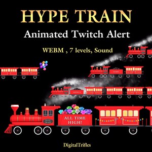 Könnte beinhalten: Animierte Grafik eines roten Zuges mit dem Text "HYPE TRAIN" und "Animated Twitch Alert". Die Waggons sind mit Edelsteinen und Sternen gefüllt. Das Bild enthält den Text "WEBM, 7 levels, Sound."