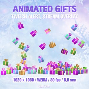 May include: Animated gifts graphic with the text "ANIMATED GIFTS TWITCH ALERT, STREAM OVERLAY". The image features numerous colorful gift boxes with bows, in shades of purple, green, gold, and blue, against a light blue background.