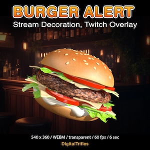 May include: A large, juicy burger with lettuce, tomato, cheese, and a sesame seed bun. The burger is floating in mid-air against a blurry background of a bar.