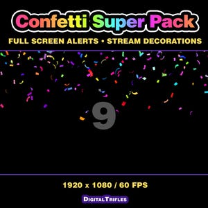 3D multicolor confetti Twitch alerts and fullscreen stream overlays. A high-value pack offering a wide range of confetti animations in one set. A fun and lively overlay for streamers and VTubers to celebrate stream activity, events, and goals, new followers, subs, donations, raids, and more.
This set includes 10 variations with different directions and behaviors — top, bottom, center, and corner bursts, single and multi-shot effects, plus a smooth loop