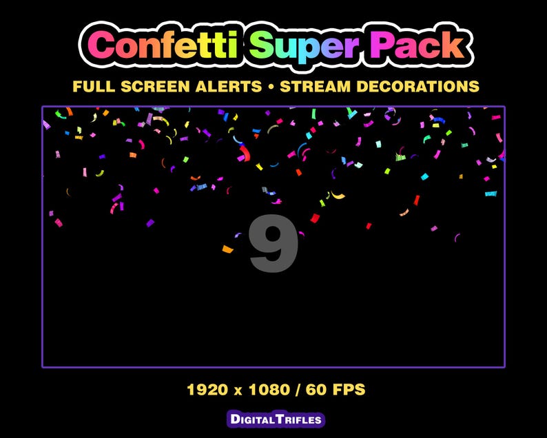 3D multicolor confetti Twitch alerts and fullscreen stream overlays. A high-value pack offering a wide range of confetti animations in one set. A fun and lively overlay for streamers and VTubers to celebrate stream activity, events, and goals, new followers, subs, donations, raids, and more.
This set includes 10 variations with different directions and behaviors — top, bottom, center, and corner bursts, single and multi-shot effects, plus a smooth loop