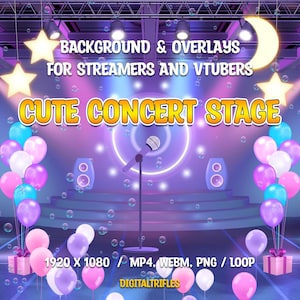 Nakładki i tła do transmisji na żywo na scenie koncertowej dla streamerów i VTuberów, Twitch, OBS, efektów świetlnych, uroczych dekoracji, mikrofonu, piosenkarza, tancerza, karaoke