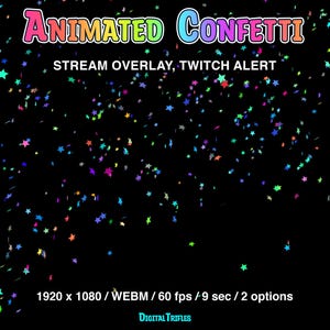 Animated Twitch alerts confetti shooting, stream overlays with transparent background, full screen stream decoration, bright multicolored star confetti, 2 options - single shot and double