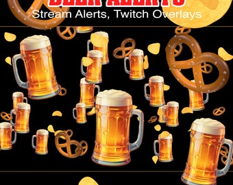 Avvisi di Twitch sulla birra e decorazioni per lo streaming, due sovrapposizioni animate, bicchieri di birra, patatine e pretzel, trasparenti, a schermo intero