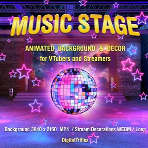Animowane tło VTuber, scena muzyczna i wystrój, zasoby strumieniowe Twitch dla streamerów i VTuberów, pętla, 4K, taniec, śpiewanie, karaoke, czatowanie