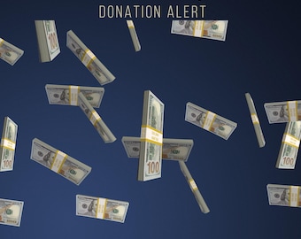 May include: Image of stacks of $100 bills floating against a dark blue background. The text "STACKS OF $100" and "DONATION ALERT" are displayed at the top. The image also includes technical details: 1920 x 1080 / WEBM / 60 FPS / 8 SEC and the name DIGITALTRIFLES.