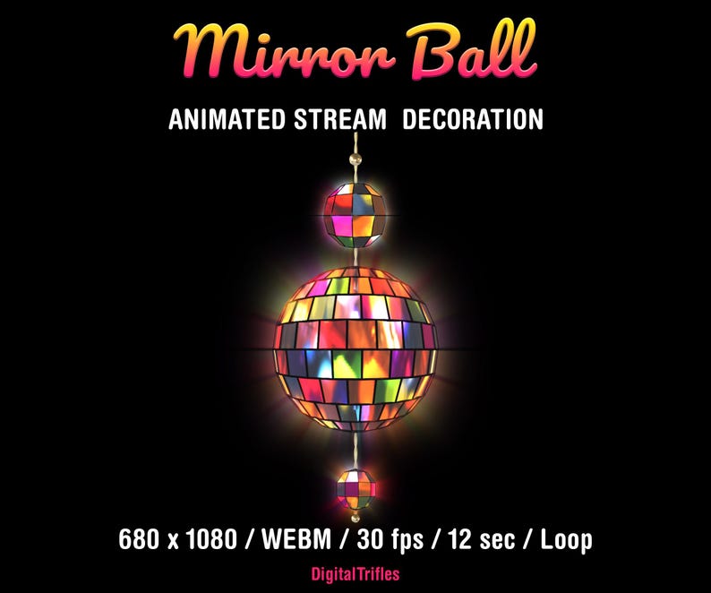 Disco ball Twitch overlay with a rotating mirror ball and sparkling light reflections. Animated loop stream decoration with transparent background, designed for music streams, dancing, karaoke, gaming, and Just Chatting