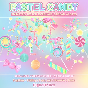 Superposiciones de Twitch con dulces pastel animados, lindas alertas de transmisión, caídas y fuegos artificiales, kawaii, estética, WEBM, fondo transparente
