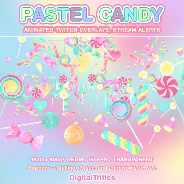 Animated pastel candy Twitch overlays, cute stream alerts, falling and fireworks, kawaii, aesthetic, WEBM, transparent background