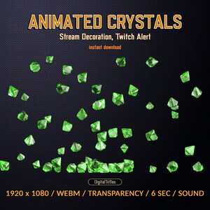Animated green crystals, Twitch alert, gems raining stream decoration, Bits, transparent overlay with sound