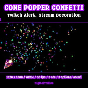 Animated star confetti cannon stream alert for streamers and VTubers — WEBM with transparent background and sound, 3 layout options