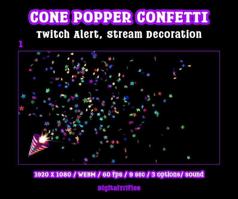 Animated star confetti cannon stream alert for streamers and VTubers — WEBM with transparent background and sound, 3 layout options