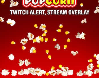 May include: A red background with the text "POPCORN" in white letters with a yellow outline. The text "TWITCH ALERT, STREAM OVERLAY" is below the word "POPCORN". White popcorn kernels are falling from the top of the image and accumulating at the bottom. The text "1920 x 1080 / WEBM / 60 FPS / 6 sec" is at the bottom of the image. The text "Digital Trifles" is below the resolution and frame rate information.