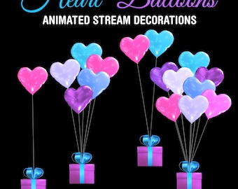 May include: Animated stream decorations featuring heart-shaped balloons in pink, purple, and blue. Each balloon bouquet is attached to a pink gift box with a blue ribbon. The text reads "Heart Balloons" and "Animated Stream Decorations".