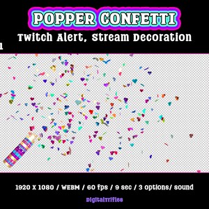 Heart confetti cannon, animated Twitch alert for streamers and VTubers, 3 designs. Suitable for stream celebration moments such as raids, milestones, donations, or special stream events. WEBM format with a transparent background and sound