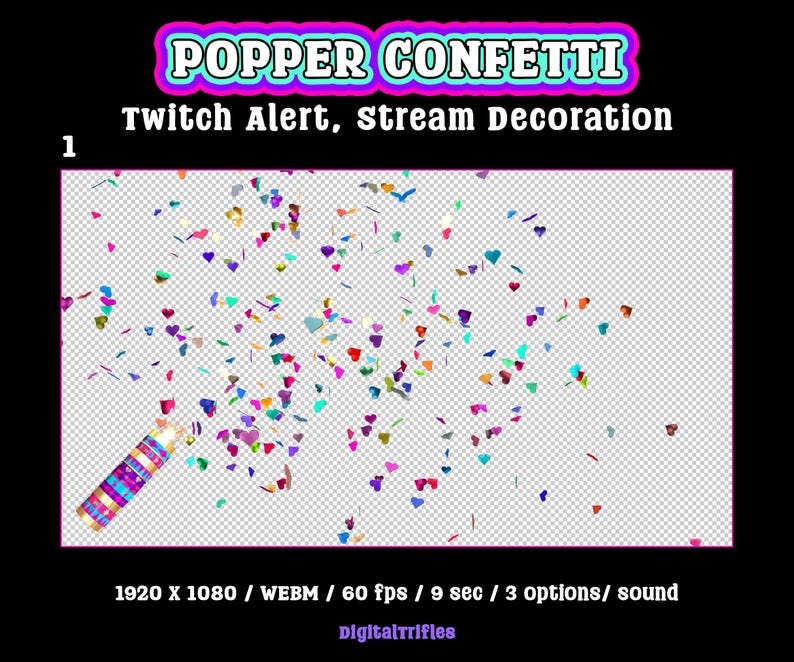 Heart confetti cannon, animated Twitch alert for streamers and VTubers, 3 designs. Suitable for stream celebration moments such as raids, milestones, donations, or special stream events. WEBM format with a transparent background and sound
