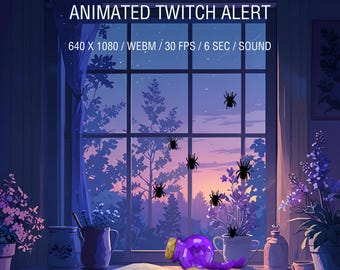 May include: Animated Twitch alert featuring a purple spell jar with a spider web design, sitting on a book in front of a window with a view of a purple sunset and several black spiders. The text "SPELL JAR WITH SPIDERS" is at the top of the image, and the text "ANIMATED TWITCH ALERT" is below it. The text "640 X 1080 / WEBM / 30 FPS / 6 SEC / SOUND" is below that. The text "DIGITALTRIFLES" is at the bottom of the image.