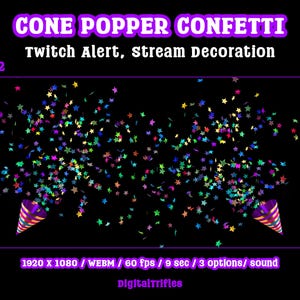 Animated star confetti cannon stream alert for streamers and VTubers — WEBM with transparent background and sound, 3 layout options