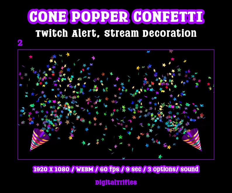 Animated star confetti cannon stream alert for streamers and VTubers — WEBM with transparent background and sound, 3 layout options