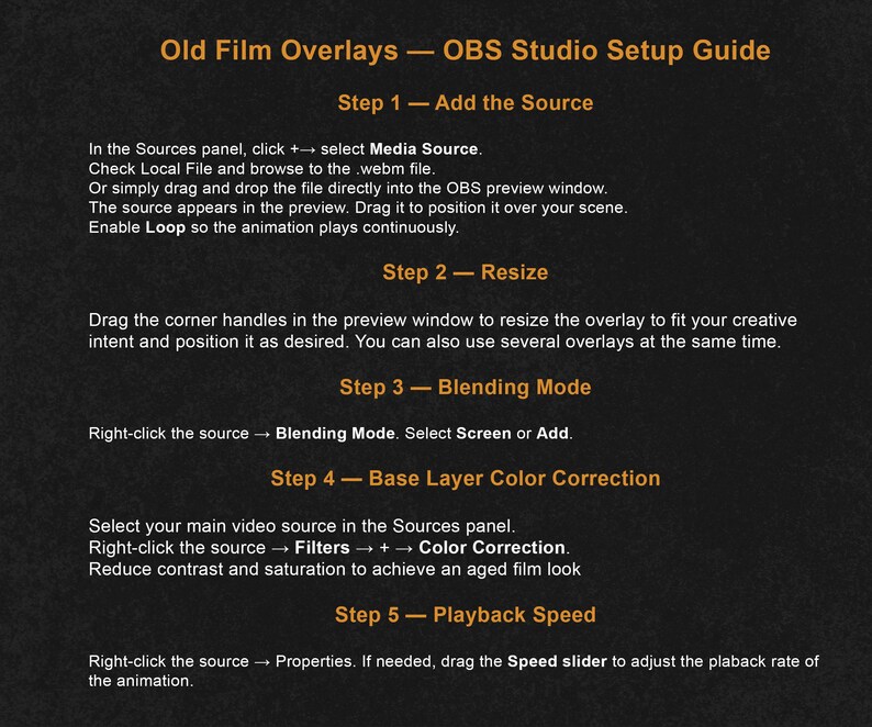 Animated vintage film Twitch or YouTube stream overlays with old movie texture and retro cinema effects. Loop stream decoration with transparent background. This pack includes 2 seamless loop overlays inspired by aged film stock, featuring scratches, dust, flicker, and analog projector atmosphere