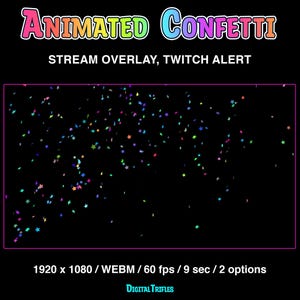 Animated Twitch alerts confetti shooting, stream overlays with transparent background, full screen stream decoration, bright multicolored star confetti, 2 options - single shot and double