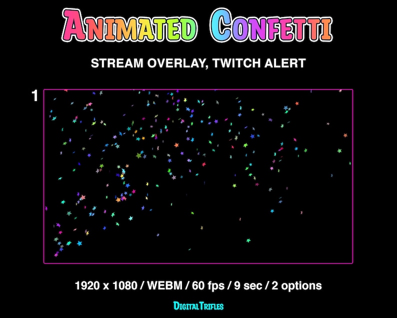 Animated Twitch alerts confetti shooting, stream overlays with transparent background, full screen stream decoration, bright multicolored star confetti, 2 options - single shot and double
