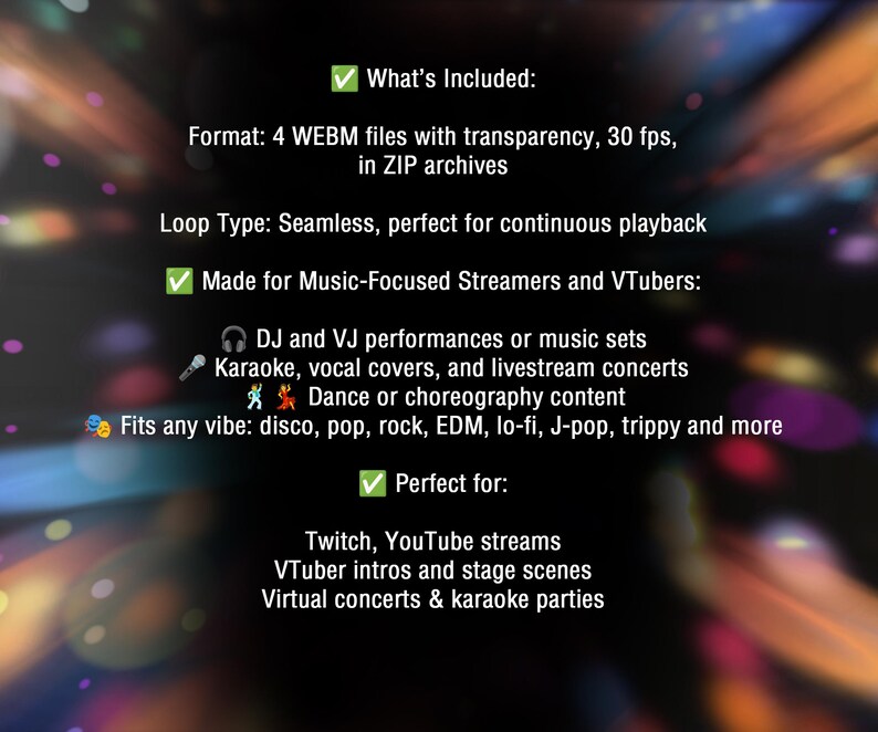 Animated stage light overlay package for streamers and VTubers. This pack brings dynamic light beams and effects, creating a vivid and professional stage look. And also a cool animated disco ball with golden glitter. These seamless, smoothly looping visuals with transparent backgrounds can be used as overlays or backgrounds in your stream setup