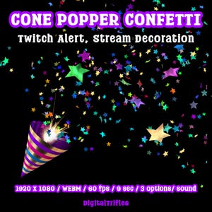 Animated star confetti cannon stream alert for streamers and VTubers — WEBM with transparent background and sound, 3 layout options