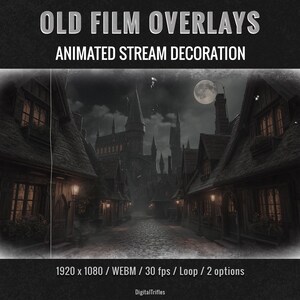 Animated vintage film Twitch or YouTube stream overlays with old movie texture and retro cinema effects. Loop stream decoration with transparent background. This pack includes 2 seamless loop overlays inspired by aged film stock, featuring scratches, dust, flicker, and analog projector atmosphere