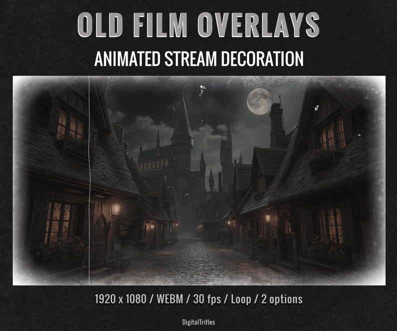 Animated vintage film Twitch or YouTube stream overlays with old movie texture and retro cinema effects. Loop stream decoration with transparent background. This pack includes 2 seamless loop overlays inspired by aged film stock, featuring scratches, dust, flicker, and analog projector atmosphere