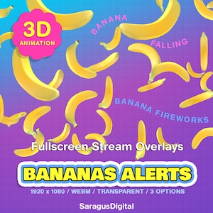 Cute Twitch Alerts, Banana Animated Stream Overlay, 3D, Full Screen, Transparent, Fruits Falling, Fireworks